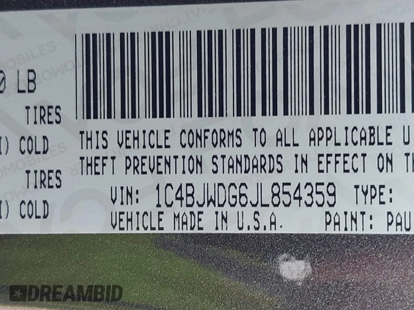 2018 Jeep Wrangler Unlimited Sport S with VIN 1C4BJWDG6JL854359, listed as a IAAI auction lot 42423170 with 84,470 mi miles and . Bid and sale history available at DreamBid. Image 9.