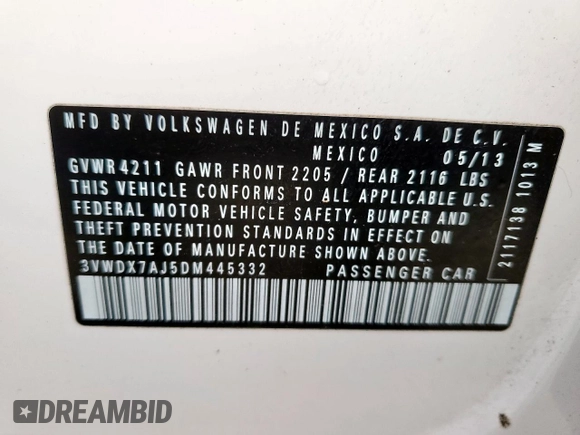2013 Volkswagen Jetta SE with VIN 3VWDX7AJ5DM445332, listed as a Copart auction lot 58622645 with 241,388 mi miles and Clean title. Bid and sale history available at DreamBid. Image 12.