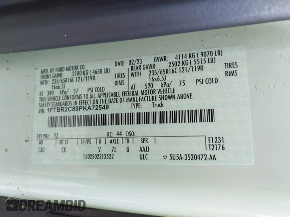 2023 Ford Transit Cargo с VIN 1FTBR2C89PKA72549, выставлен на аукционе IAAI как лот 41514703 с пробегом 12 507 миль миль и . История ставок и продаж доступна на DreamBid. Изображение 9.