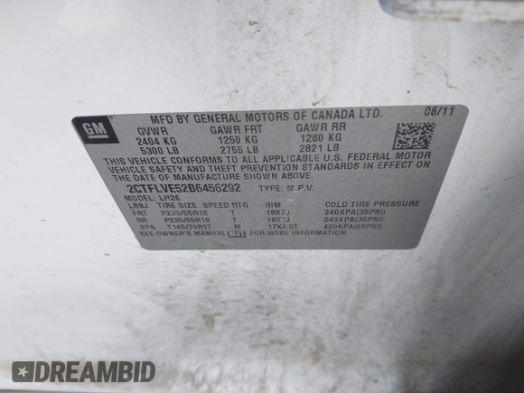 2011 GMC Terrain SLT-1 with VIN 2CTFLVE52B6456292, listed as a IAAI auction lot 41514368 with 237,467 mi miles and . Bid and sale history available at DreamBid. Image 9.