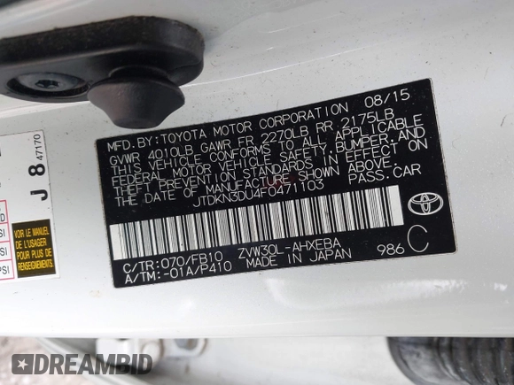 2015 Toyota Prius Four with VIN JTDKN3DU4F0471103, listed as a IAAI auction lot 41766898 with 88,773 mi miles. Bid and sale history available at carsss.com. Image 9.