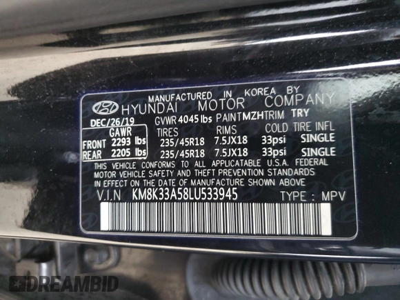 2020 Hyundai Kona Limited with VIN KM8K33A58LU533945, listed as a Copart auction lot 70133492 with 4,658 mi miles. Bid and sale history available at carsss.com. Image 15.