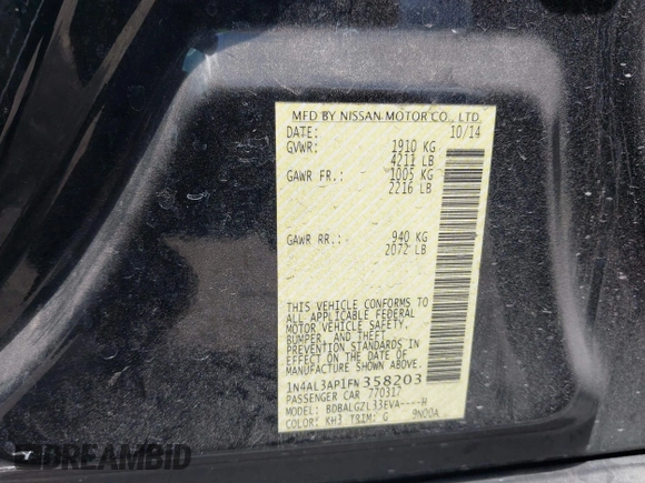 2015 Nissan Altima 2.5 SL with VIN 1N4AL3AP1FN358203, listed as a IAAI auction lot 41876809 with 130,921 mi miles. Bid and sale history available at carsss.com. Image 9.
