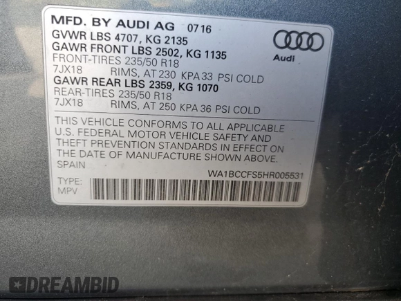 2017 Audi Q3 Premium with VIN WA1BCCFS5HR005531, listed as a Copart auction lot 85394434 with 0 mi miles and Clean Title. Bid and sale history available at carsss.com. Image 13.