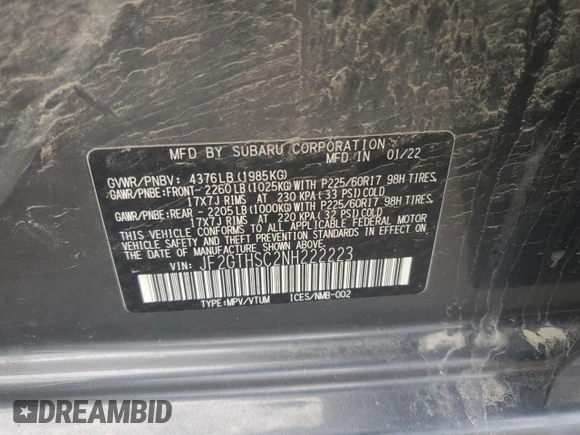 2022 Subaru Crosstrek Special Sports with VIN JF2GTHSC2NH222223, listed as a Copart auction lot 59674295 with 48,226 mi miles and Salvage title. Bid and sale history available at DreamBid. Image 12.