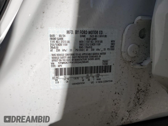 2024 Ford Explorer Limited with VIN 1FMSK7FH1RGA29645, listed as a Copart auction lot 49865725 with 30,464 mi miles and Salvage Title. Bid and sale history available at carsss.com. Image 14.
