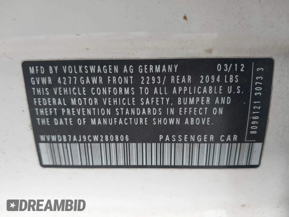 2012 Volkswagen Golf with VIN WVWDB7AJ9CW280806, listed as a IAAI auction lot 41909892 with 121,711 mi miles and . Bid and sale history available at DreamBid. Image 9.