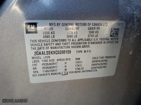 2012 GMC Terrain SLE-2 with VIN 2GKALSEKXC6208159, listed as a Copart auction lot 49374965 with 176,709 mi miles and Salvage Title. Bid and sale history available at carsss.com. Image 13.