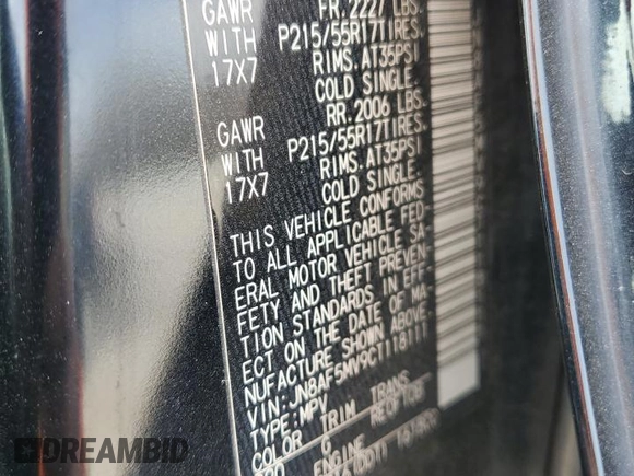 2012 Nissan Juke SL z VIN JN8AF5MV9CT118111, wystawiony jako Copart lot #49501025 z przebiegiem Nie podano mil oraz Szkoda całkowita • Salvage title. Historia ofert i sprzedaży dostępna na DreamBid. Obrazek 15.