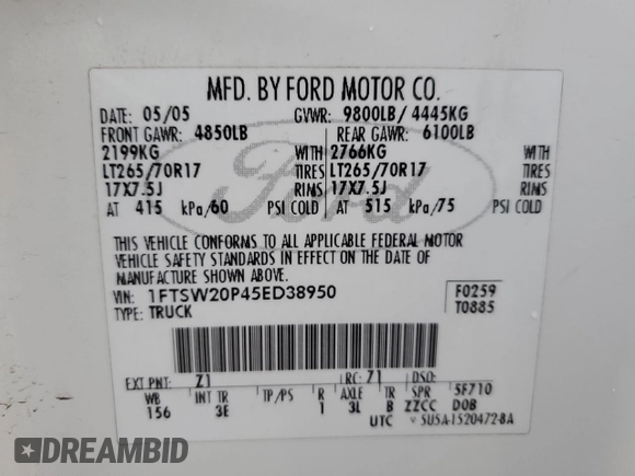 2005 Ford F-250 XL with VIN 1FTSW20P45ED38950, listed as a Copart auction lot 85577784 with 171,165 mi miles and Salvage Title. Bid and sale history available at DreamBid. Image 12.