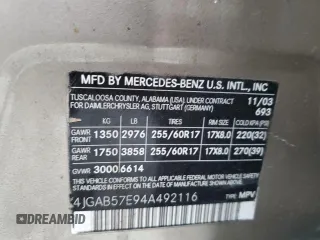 2004 Mercedes-Benz M-Class 3.5L with VIN 4JGAB57E94A492116, listed as a Copart auction lot 83847424 with 108,048 mi miles and Salvage Title. Bid and sale history available at carsss.com. Image 13.