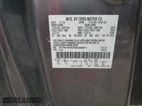 2013 Ford F-150 XL with VIN 1FTMF1EM7DKG42811, listed as a Copart auction lot 58359895 with 133,518 mi miles and Clean title. Bid and sale history available at DreamBid. Image 13.