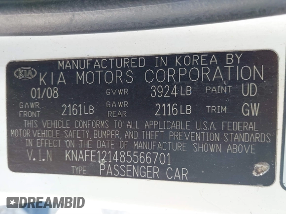 2008 Kia Spectra SX with VIN KNAFE121485566701, listed as a IAAI auction lot 41858114 with 175,020 mi miles. Bid and sale history available at carsss.com. Image 9.