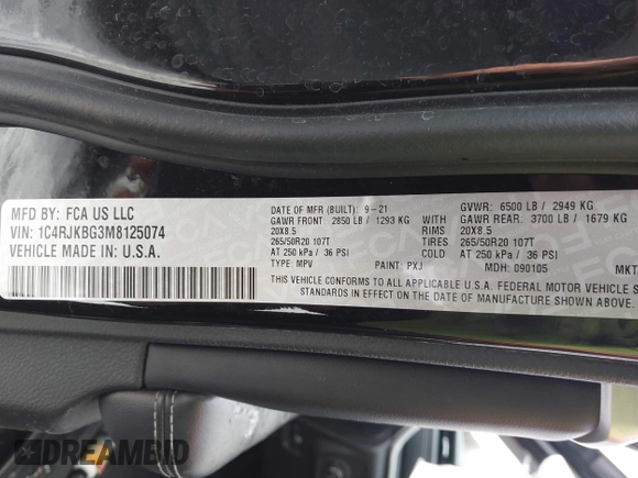 2021 Jeep Grand Cherokee Limited with VIN 1C4RJKBG3M8125074, listed as a IAAI auction lot 41509904 with 74,007 mi miles and . Bid and sale history available at DreamBid. Image 9.