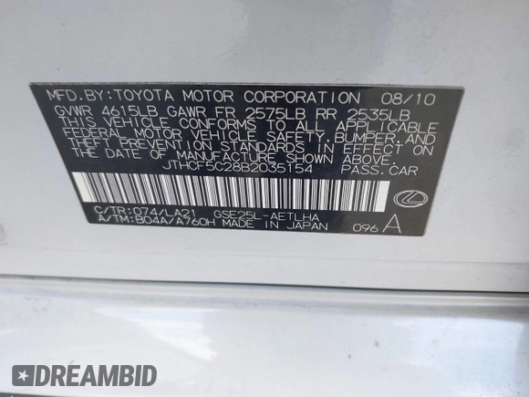 2011 Lexus IS 250 with VIN JTHCF5C28B2035154, listed as a IAAI auction lot 39338816 with 158,574 mi miles and . Bid and sale history available at DreamBid. Image 9.