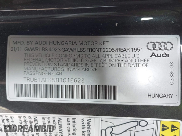 2011 Audi TTS 2.0T z VIN TRUB1AFK5B1016623, wystawiony jako IAAI lot #41699555 z przebiegiem 33 626 mil mil oraz . Historia ofert i sprzedaży dostępna na DreamBid. Obrazek 9.