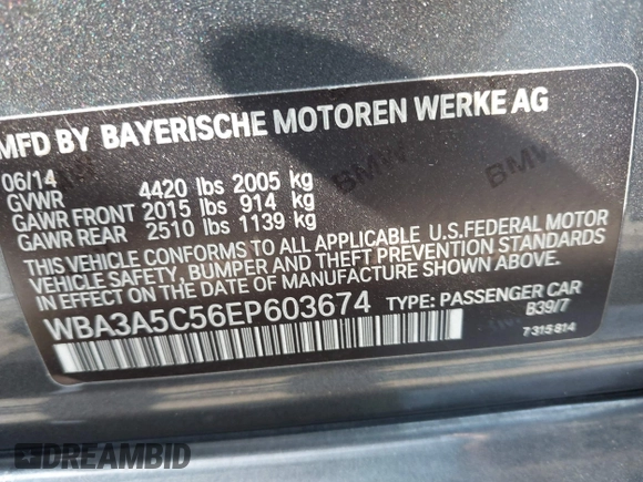 2014 BMW 3 Series 328i with VIN WBA3A5C56EP603674, listed as a IAAI auction lot 42595439 with Not provided miles and . Bid and sale history available at DreamBid. Image 9.