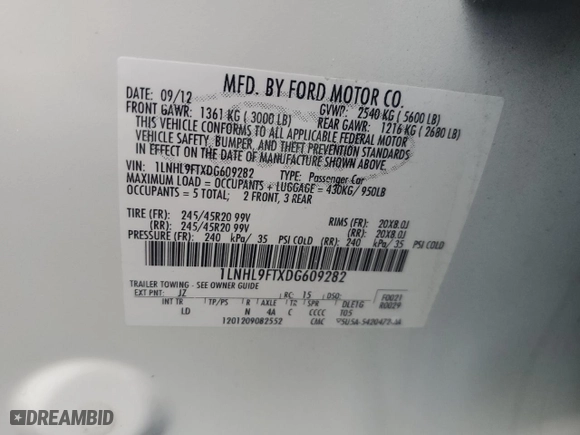 2013 Lincoln MKS EcoBoost with VIN 1LNHL9FTXDG609282, listed as a Copart auction lot 74070874 with 149,094 mi miles and Salvage Title. Bid and sale history available at carsss.com. Image 12.