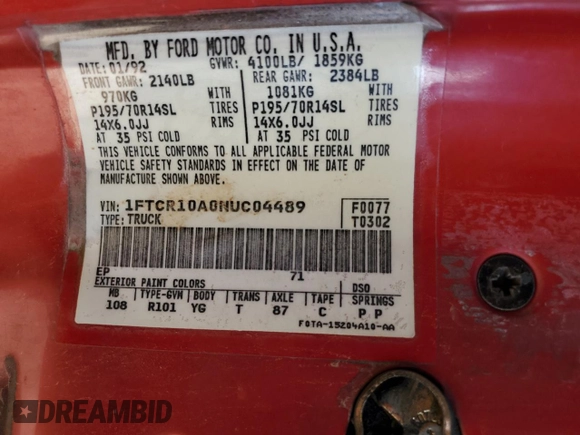 1992 Ford Ranger with VIN 1FTCR10A0NUC04489, listed as a Copart auction lot 71585134 with 58,152 mi miles and Salvage Title. Bid and sale history available at carsss.com. Image 14.