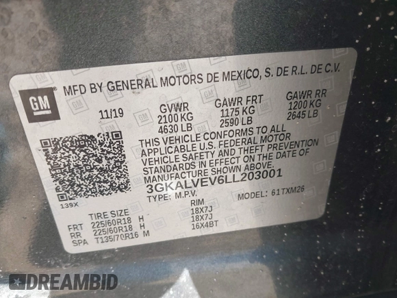 2020 GMC Terrain SLT with VIN 3GKALVEV6LL203001, listed as a IAAI auction lot 41434657 with 129,530 mi miles. Bid and sale history available at carsss.com. Image 9.