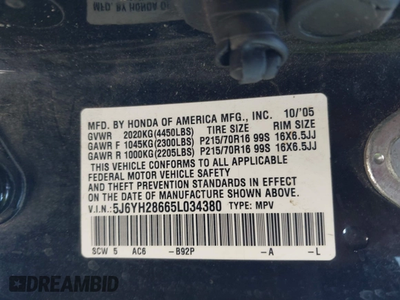 2005 Honda Element EX with VIN 5J6YH28665L034380, listed as a IAAI auction lot 42060660 with 230,486 mi miles and . Bid and sale history available at DreamBid. Image 8.