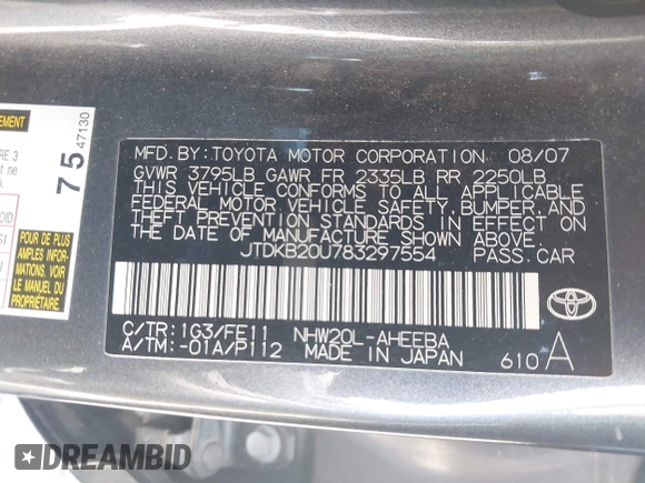 2008 Toyota Prius z VIN JTDKB20U783297554, wystawiony jako IAAI lot #42381512 z przebiegiem 339 180 mil mil oraz . Historia ofert i sprzedaży dostępna na DreamBid. Obrazek 9.
