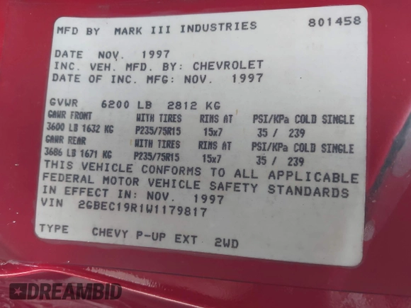 1998 Chevrolet Silverado 1500 with VIN 2GBEC19R1W1179817, listed as a IAAI auction lot 41724150 with 59,833 mi miles and . Bid and sale history available at DreamBid. Image 9.