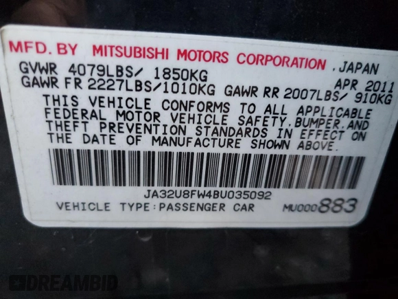 2011 Mitsubishi Lancer GTS with VIN JA32U8FW4BU035092, listed as a Copart auction lot 72950754 with Not Provided miles and Salvage Title. Bid and sale history available at carsss.com. Image 14.