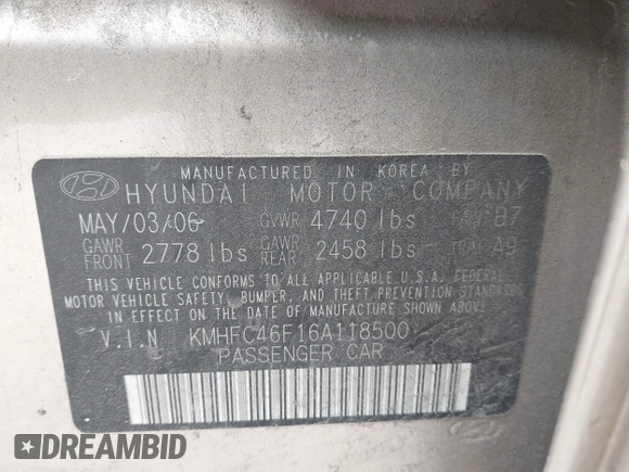 2006 Hyundai Azera SE with VIN KMHFC46F16A118500, listed as a IAAI auction lot 42007351 with 36,676 mi miles and . Bid and sale history available at DreamBid. Image 9.
