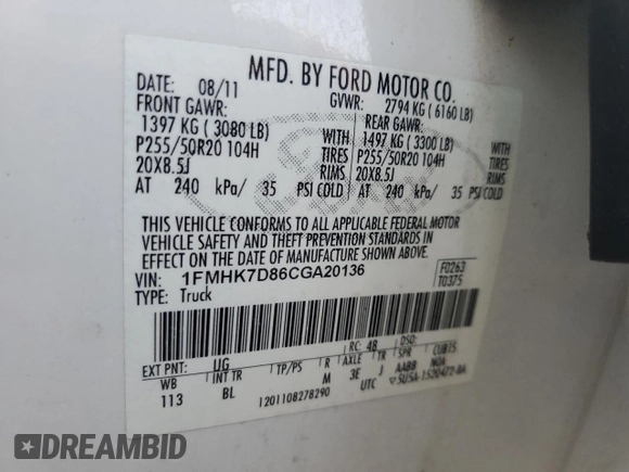 2012 Ford Explorer XLT with VIN 1FMHK7D86CGA20136, listed as a Copart auction lot 55133135 with 72,994 mi miles and Salvage Title. Bid and sale history available at DreamBid. Image 13.