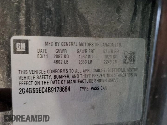 2011 Buick Regal CXL RL4 with VIN 2G4GS5EC4B9178684, listed as a Copart auction lot 60784015 with 315,754 mi miles and Salvage title. Bid and sale history available at DreamBid. Image 12.