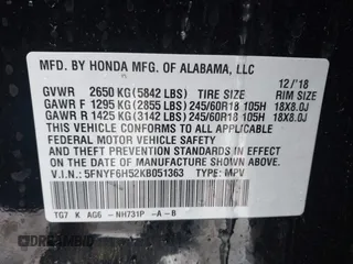 2019 Honda Pilot EX-L with VIN 5FNYF6H52KB051363, listed as a IAAI auction lot 41591540 with 109,860 mi miles. Bid and sale history available at carsss.com. Image 9.