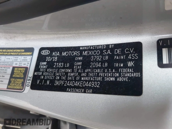 2019 Kia Forte LXS with VIN 3KPF24AD4KE044932, listed as a IAAI auction lot 42361743 with 85,783 mi miles and . Bid and sale history available at DreamBid. Image 9.