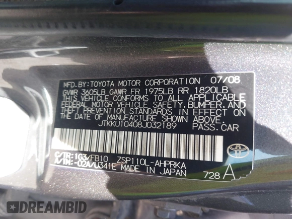 2008 Scion xD with VIN JTKKU10408J032189, listed as a IAAI auction lot 42796704 with 309,673 mi miles and . Bid and sale history available at DreamBid. Image 9.