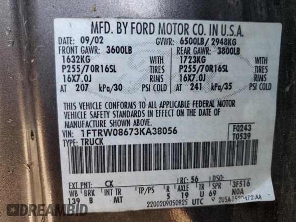 2003 Ford F-150 XLT with VIN 1FTRW08673KA38056, listed as a Copart auction lot 42772435 with 129,104 mi miles and Salvage Title. Bid and sale history available at carsss.com. Image 12.