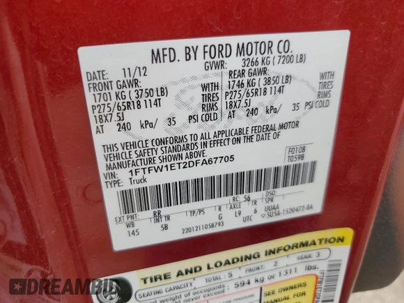 2013 Ford F-150 XL with VIN 1FTFW1ET2DFA67705, listed as a Copart auction lot 58591525 with 168,415 mi miles and Salvage title. Bid and sale history available at DreamBid. Image 12.