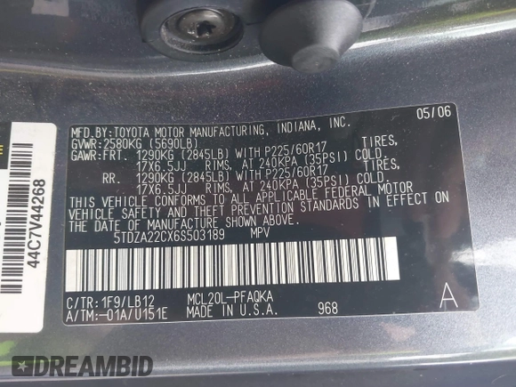 2006 Toyota Sienna XLE with VIN 5TDZA22CX6S503189, listed as a IAAI auction lot 40062519 with 155,909 mi miles. Bid and sale history available at carsss.com. Image 9.