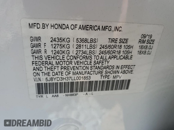 2020 Acura MDX with VIN 5J8YD3H37LL001853, listed as a Copart auction lot 54812405 with 64,938 mi miles and Non repairable. Bid and sale history available at DreamBid. Image 13.