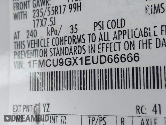 2014 Ford Escape SE z VIN 1FMCU9GX1EUD66666, wystawiony jako IAAI lot #42571222 z przebiegiem Nie podano mil oraz . Historia ofert i sprzedaży dostępna na DreamBid. Obrazek 9.