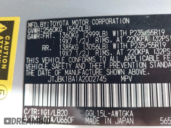 2010 Lexus RX 350 with VIN JTJBK1BA1A2002745, listed as a IAAI auction lot 42232223 with 217,076 mi miles and . Bid and sale history available at DreamBid. Image 9.