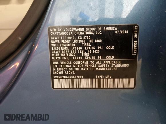 2019 Volkswagen Atlas SEL with VIN 1V2MR2CA3KC587916, listed as a Copart auction lot 60463275 with 107,387 mi miles and Salvage title. Bid and sale history available at DreamBid. Image 13.