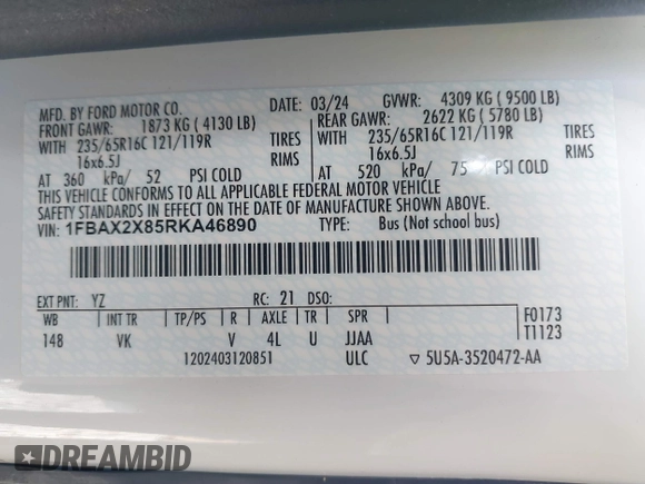 2024 Ford Transit Passenger XL with VIN 1FBAX2X85RKA46890, listed as a IAAI auction lot 41648977 with 20,637 mi miles and . Bid and sale history available at DreamBid. Image 9.