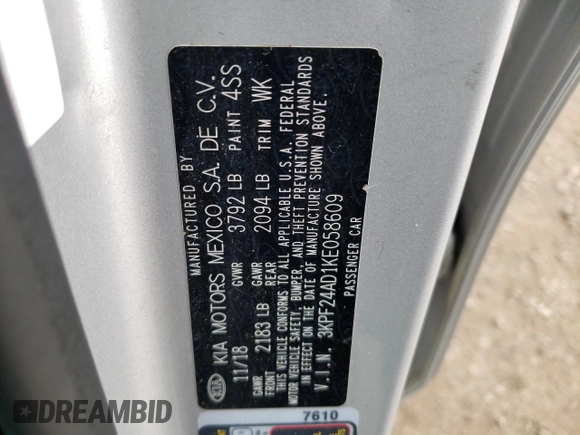 2019 Kia Forte LXS with VIN 3KPF24AD1KE058609, listed as a Copart auction lot 53287705 with 100,024 mi miles and Salvage Title. Bid and sale history available at carsss.com. Image 12.