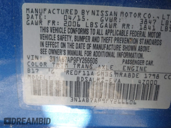 2015 Nissan Sentra S with VIN 3N1AB7AP9FY266606, listed as a IAAI auction lot 41983060 with 105,317 mi miles. Bid and sale history available at carsss.com. Image 9.