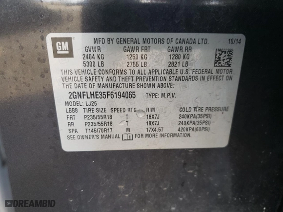 2015 Chevrolet Equinox LTZ with VIN 2GNFLHE35F6194065, listed as a Copart auction lot 49160115 with 83,063 mi miles and Salvage Title. Bid and sale history available at carsss.com. Image 15.
