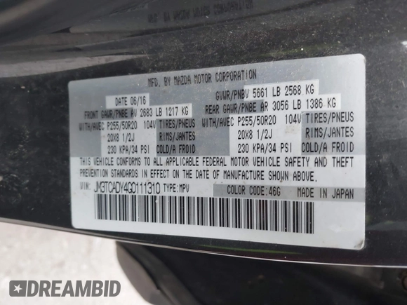2016 Mazda CX-9 Grand Touring with VIN JM3TCADY4G0111310, listed as a IAAI auction lot 41532851 with 178,907 mi miles and . Bid and sale history available at DreamBid. Image 9.