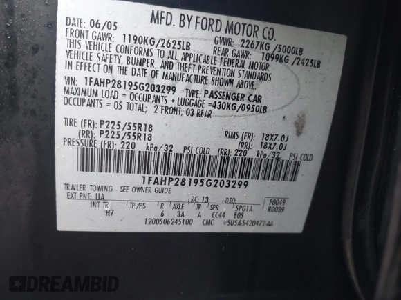 2005 Ford Five Hundred Limited с VIN 1FAHP28195G203299, выставлен на аукционе IAAI как лот 41845157 с пробегом 130 083 миль миль и . История ставок и продаж доступна на DreamBid. Изображение 9.
