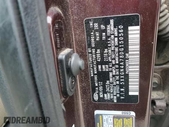 2013 Kia Optima EX with VIN 5XXGN4A78DG150560, listed as a Copart auction lot 59617265 with 212,739 mi miles and Salvage title. Bid and sale history available at DreamBid. Image 12.