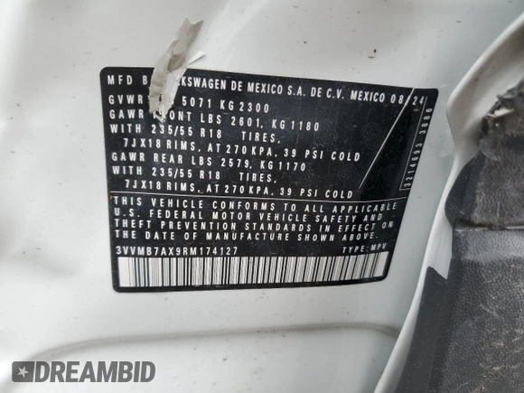 2024 Volkswagen Tiguan SE with VIN 3VVMB7AX9RM174127, listed as a Copart auction lot 53826785 with 4,208 mi miles and Salvage title. Bid and sale history available at DreamBid. Image 13.