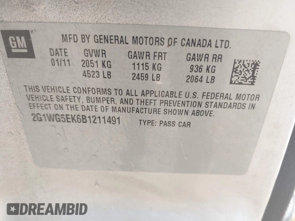 2011 Chevrolet Impala LT Fleet with VIN 2G1WG5EK6B1211491, listed as a IAAI auction lot 42467169 with 182,229 mi miles and . Bid and sale history available at DreamBid. Image 9.